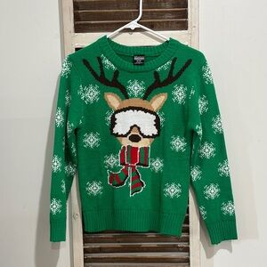 Green and White Holiday Sweater with Snowflake Patterns